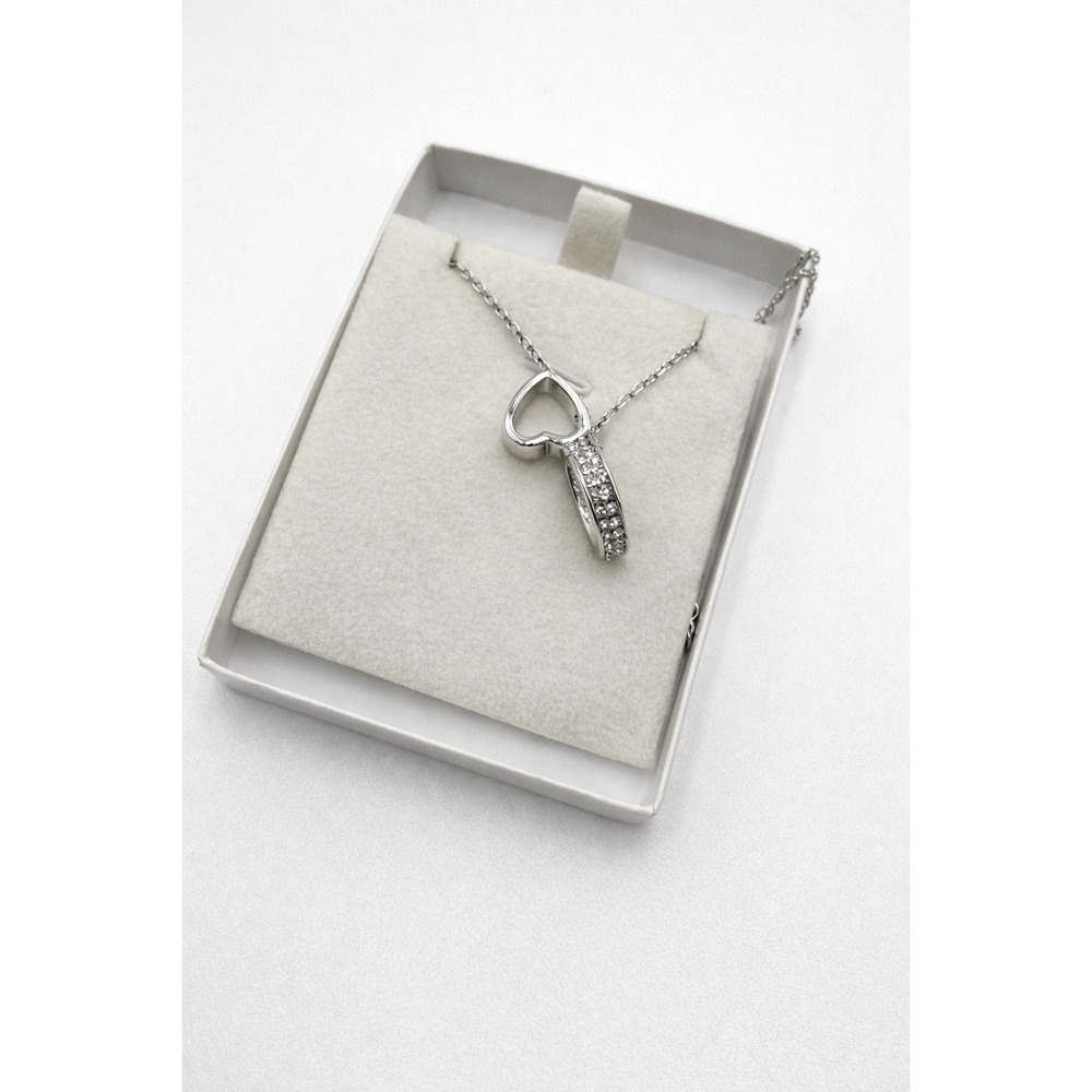 Silver Tone Open Heart Pendant Necklace CZ Accent Chain‎ 18" Gift Ready